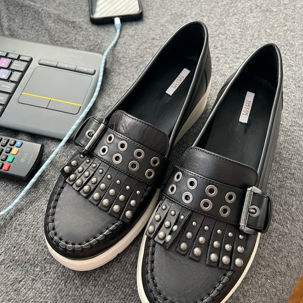 Geox Black Leather Studded Fringe Loafer Sneakers